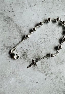 Sterling  silver rosary bead cross bracelet for men 7"