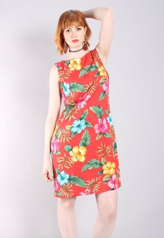 VINTAGE 90S RED HAWAIIAN FLORAL PATTERNED SHIFT DRESS