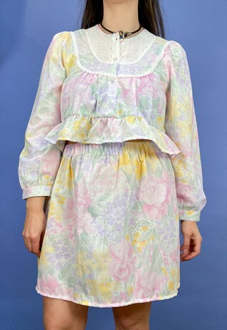 REWORKED CO-ORD TOP AND SKIRT SET PASTEL FLORAL - S/M