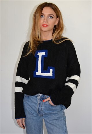 VINTAGE 90S BLACK, WHITE & BLUE KNITTED LETTERMAN JUMPER