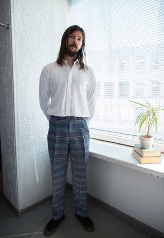 VINTAGE 80'S WIMMER BLUE CHECKED LINEN TROUSERS