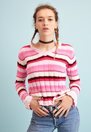 Y2K VELVET STRIPED PATTERN FLUFFY TEEN KNIT JUMPER