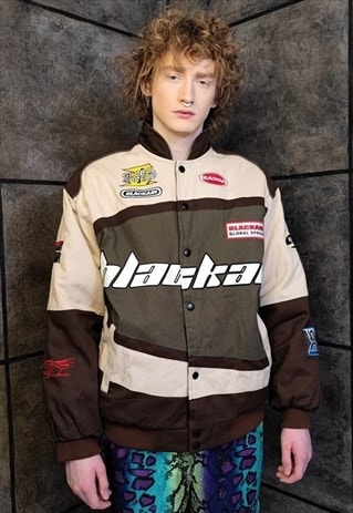 MOTORCYCLE JACKET MULTI PATCH PADDED RACING BOMBER IN BROWN