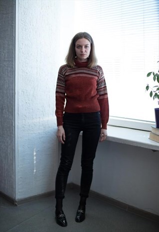 VINTAGE 70'S BROWN SCANDI STYLE PATTERNED TURTLE NECK JUMPER