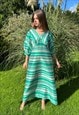 70's Green White Gold Lurex Stripe Puff Sleeve Maxi Dress