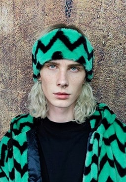 Fleece headband luxury fluffy head cover stripe print green