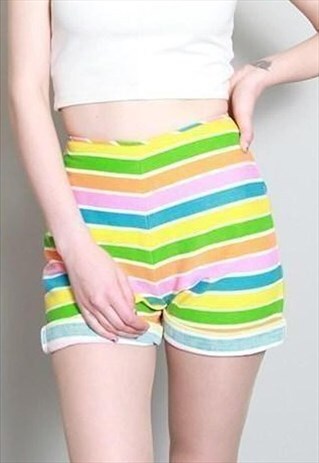 VINTAGE 1970'S BRIGHT MULTI COLOURED STRIPED SHORTS