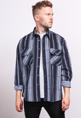 VINTAGE CORDUROY CORD STRIPED SHIRT BLUE