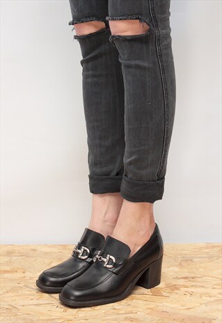 VINTAGE 80' AMAZING CLASSIC BLACK LEATHER MID-HEELED SHOES