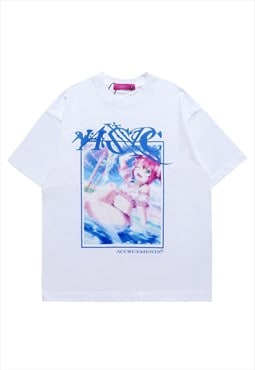 Anime t-shirt retro Japanese cartoon top pixel tee in white