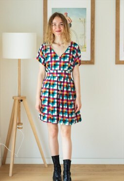 Colorful squares pattern belted dress