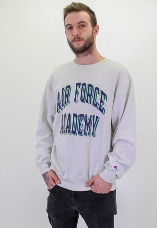 VINTAGE CHAMPION USA AIR FORCE SWEATER IN GREY LARGE