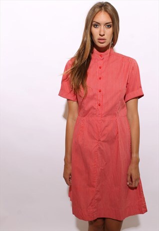 VINTAGE 1970'S 70'S RED & WHITE STRIPED SHIRTDRESS MIDI L-XL