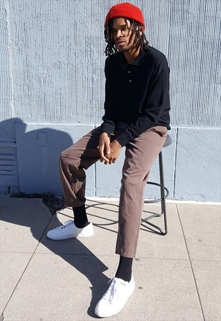 90S MINIMALIST SKATER LUXURY BLACK WOOL KNIT POLO LARGE
