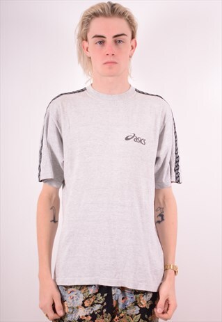 ASICS MENS VINTAGE T-SHIRT TOP MEDIUM GREY 90S