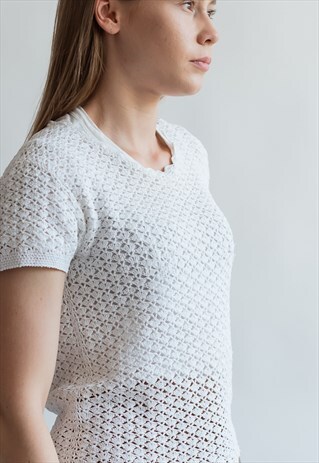 VINTAGE ROUND NECK CROCHET KNITTED TOP IN WHITE