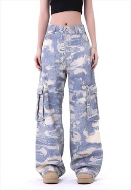 Cargo jeans distressed grunge skater pocket denim pants blue