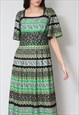 70'S VINTAGE LADIES DRESS GREEN FLORAL SHORT SLEEVE MAXI