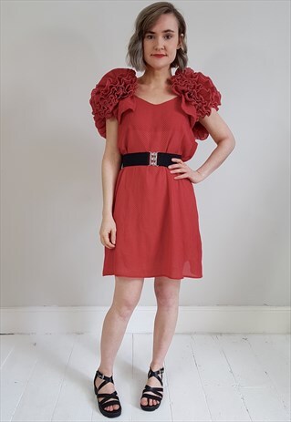 VINTAGE 80'S RED POLKA DOT SHEER DRESS W/ RUFFLE SLEEVES