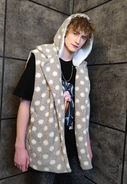 Polka dot fleece gilet handmade sleeveless hood jacket grey