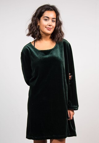 90'S RETRO DEEP GREEN LONG SLEEVE VELVET DRESS
