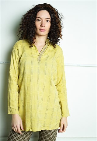 VINTAGE 90S RETRO BOHO HIPPIE SARI TUNIC TOP YELLOW