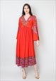 Frank Usher Vintage 70's Fluted Sleeve Red Floral Midi Dress