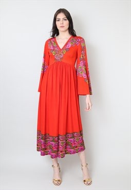 Frank Usher 70's Fluted Sleeve Red Floral Midi Dress