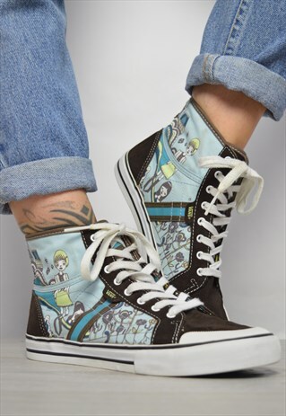 VINTAGE 90S BROWN SUEDE & COLOURFUL RETRO PRINT HI-TOPS