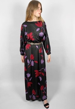 70's Ladies Black Batwing Vintage Floral Maxi Dress Medium