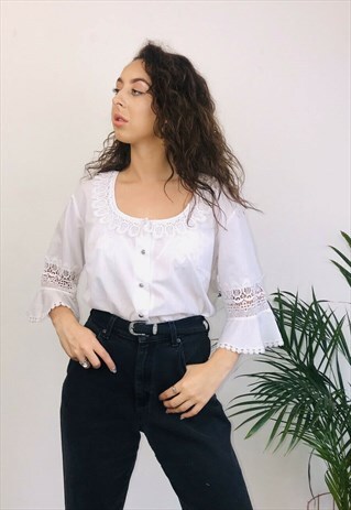 VINTAGE BUTTON WHITE BOHO 70S BLOUSE