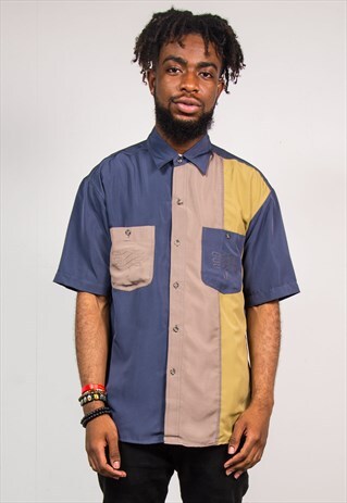 90'S COLOUR BLOCK CONTRAST BLUE SHORT SLEEVE SHIRT