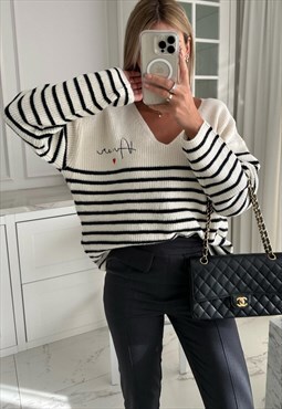 Amy Amor Heart Stripe Knitted Jumper Sweater Jumper Top
