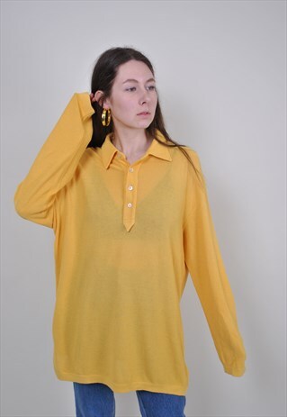 80S OVERSIZE LONG SLEEVE POLO, VINTAGE YELLOW COLLAR JUMPER