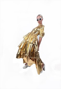 Bauble Chandelier Gold Metallic Tiered Midi Dress