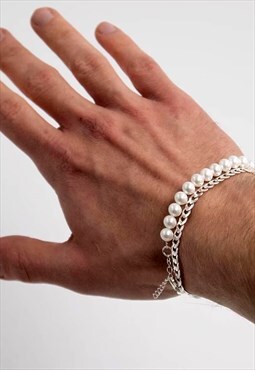 54 Floral Faux Pearl Bead Ball Bracelet - White/Silver
