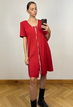 Vintage red short sleeve button down summer midi dress