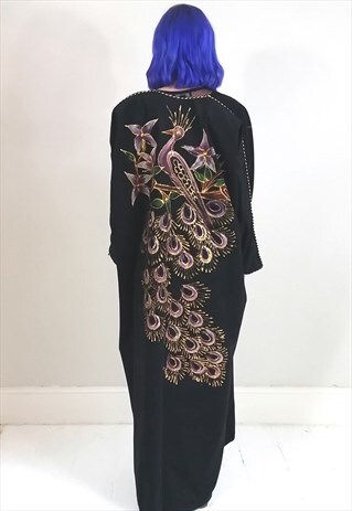 VINTAGE 80'S BLACK LONG PAINTED PEACOCK DRESSING GOWN