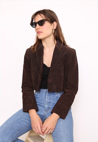VINTAGE 90S REWORKED BROWN SUEDE LEATHER CROPPED JACKET