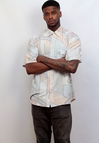 1980'S VINTAGE GEOMETRIC ABSTRACT PRINT SHIRT IN CREAM