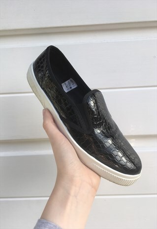 WOMENS OFFICE FAUX SNAKESKIN BLACK PUMPS TRAINERS SLIP ONS