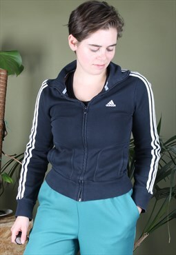 Vintage Adidas Sweater Black with White Stripes and Zip