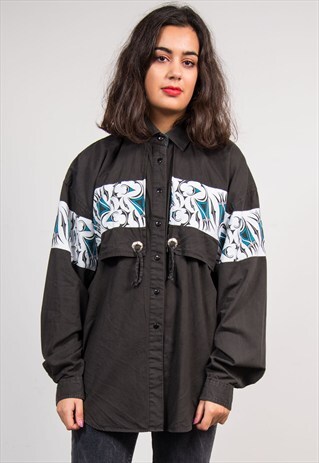 90'S VINTAGE BLACK CRAZY PATTERN WESTERN SHIRT