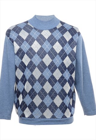 BEYOND RETRO VINTAGE VILLAGER SPORT BLUE ARGYLE JUMPER - M