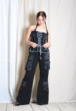 Vintage 90s Black Flare Womens Grunge Cargo Pants