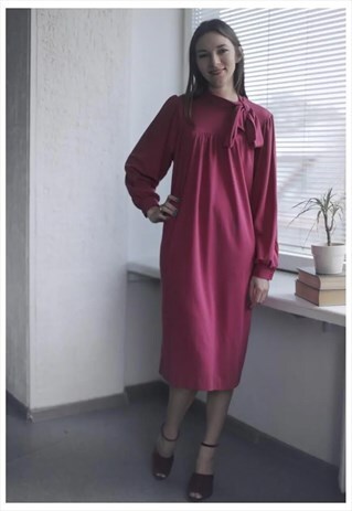 VINTAGE 80'S MIDI PINK LONG SLEEVED BOW DRESS