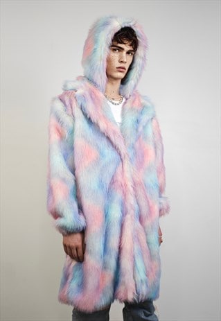 TIE-DYE COAT FAUX FUR PASTEL PINK SHAGGY TRENCH OVERCOAT 