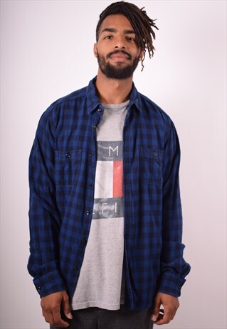 MENS VINTAGE FLANNEL SHIRT XXL NAVY BLUE CHECK 90S