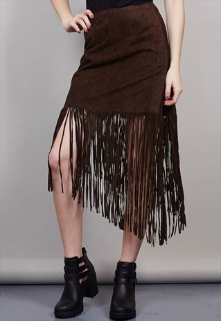 VINTAGE BROWN SUEDE PENCIL FRINGE SKIRT