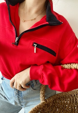VINTAGE 90S BASICS SWEATSHIRT JUMPER PULLOVER RED 1/4 ZIP